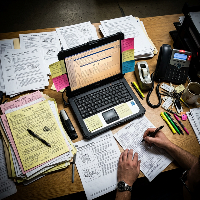 Chaotic service advisor desk with paperwork